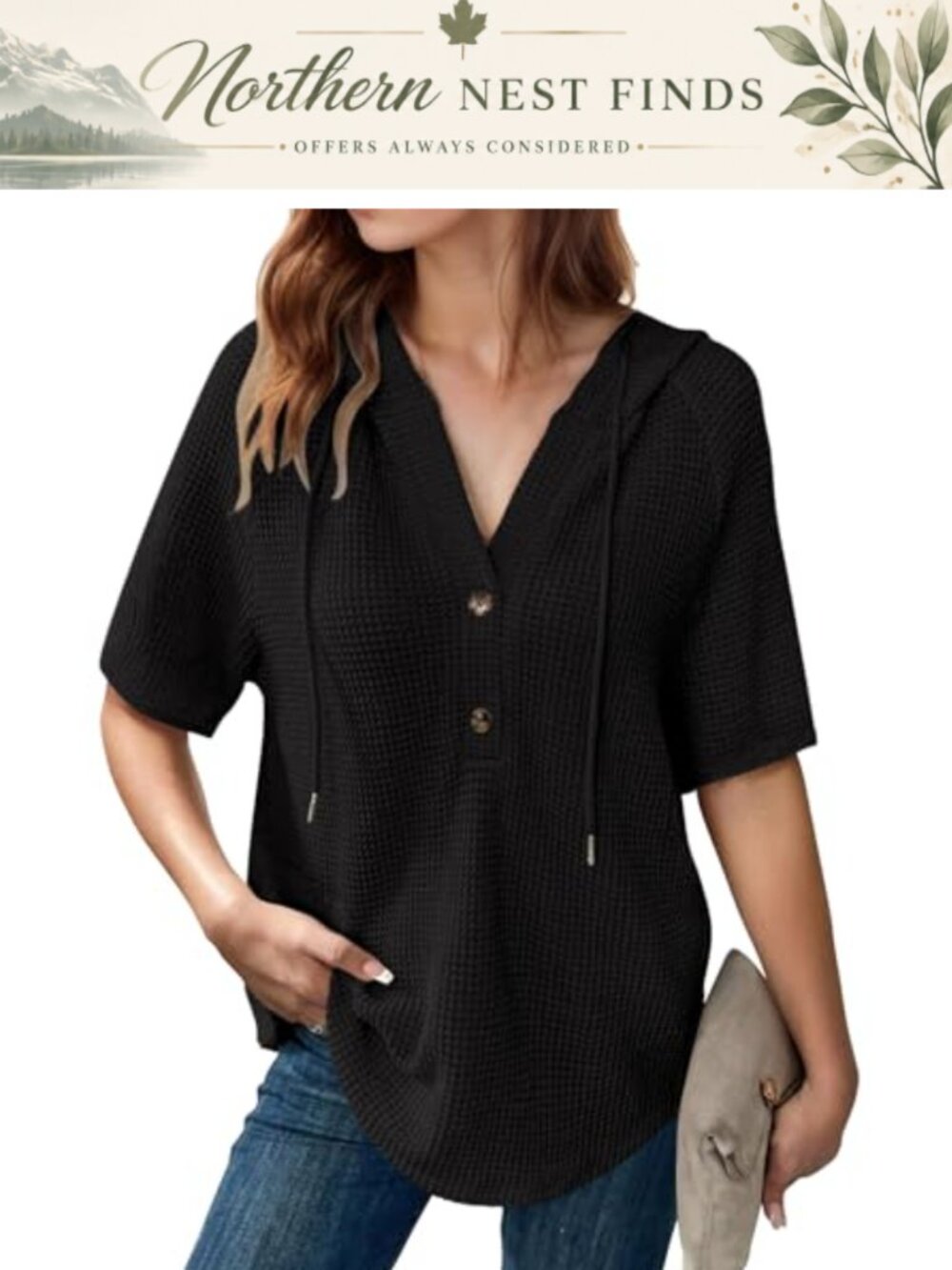 Waffle Knit V Neck Hoodie Short Sleeve Button Front Casual Summe